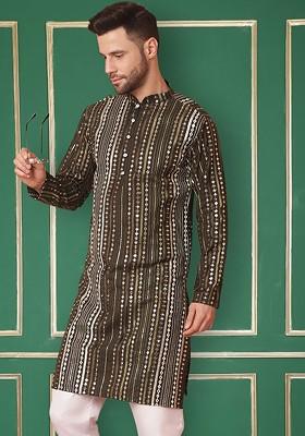 Green Embroidered Poly Blend Kurta For Men