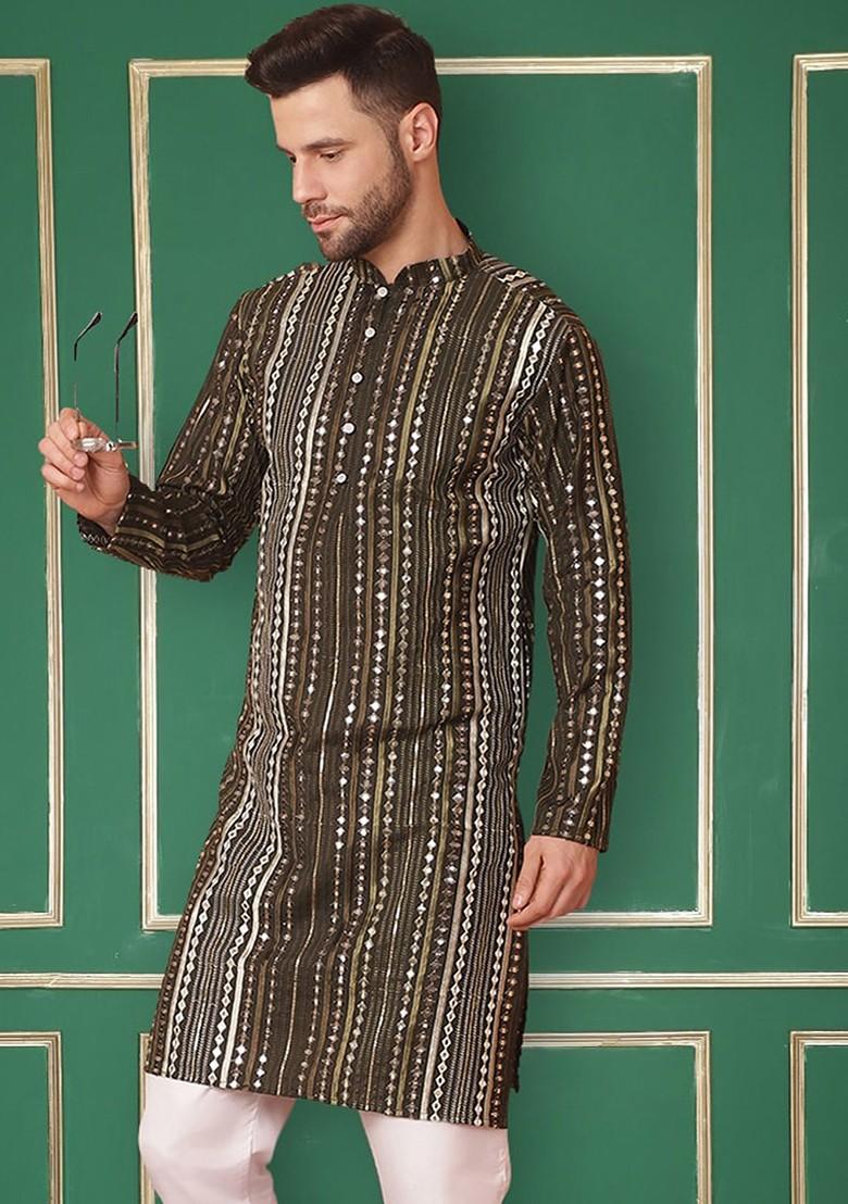 Green Embroidered Poly Blend Kurta For Men