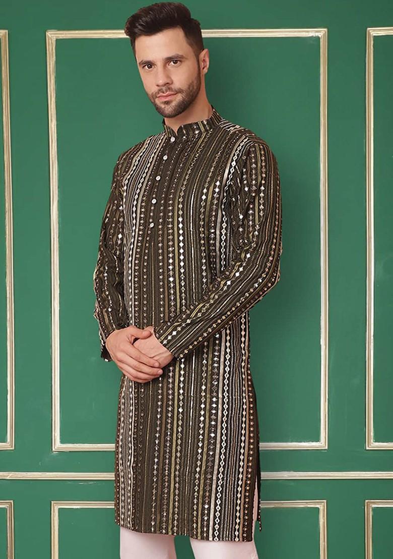 Green Embroidered Poly Blend Kurta For Men
