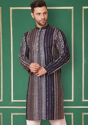 Navy Blue Printed Poly Blend Kurta For Men