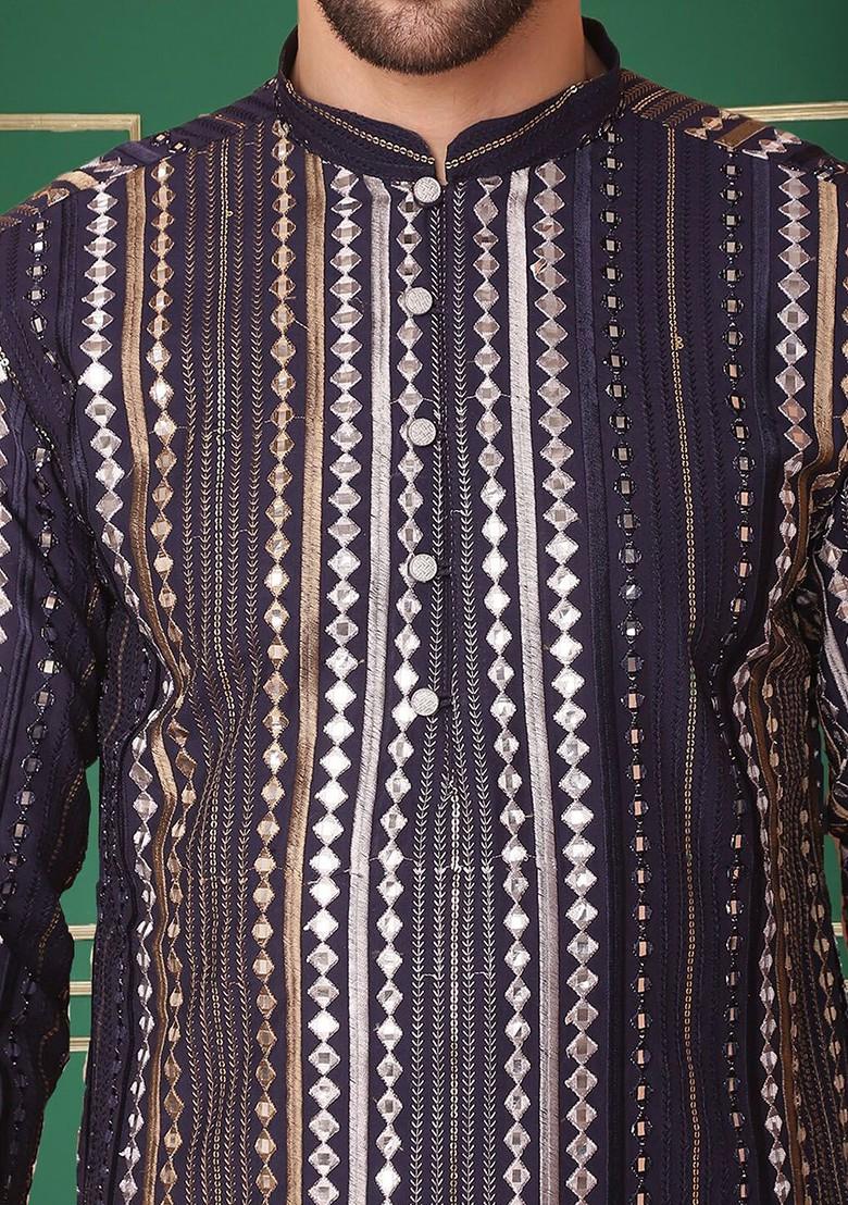 Navy Blue Printed Poly Blend Kurta For Men