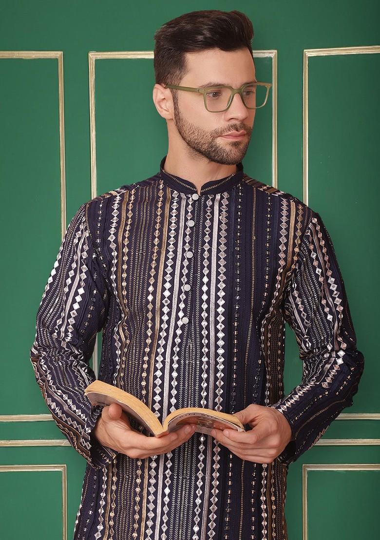 Navy Blue Printed Poly Blend Kurta For Men