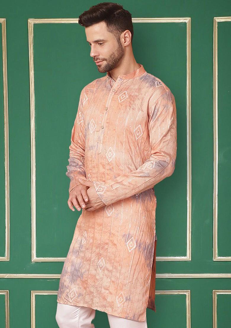 Peach Abstract Print Poly Blend Kurta For Men