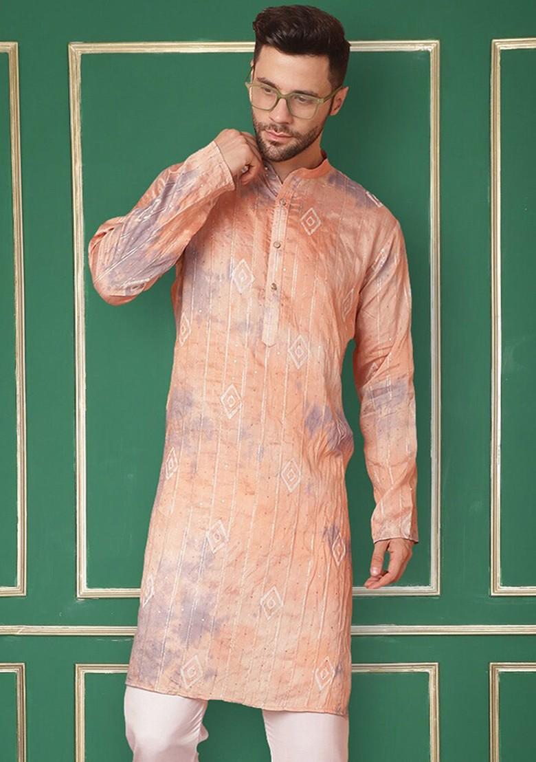 Peach Abstract Print Poly Blend Kurta For Men
