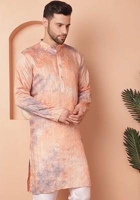 Peach Printed Poly Blend Kurta For Men