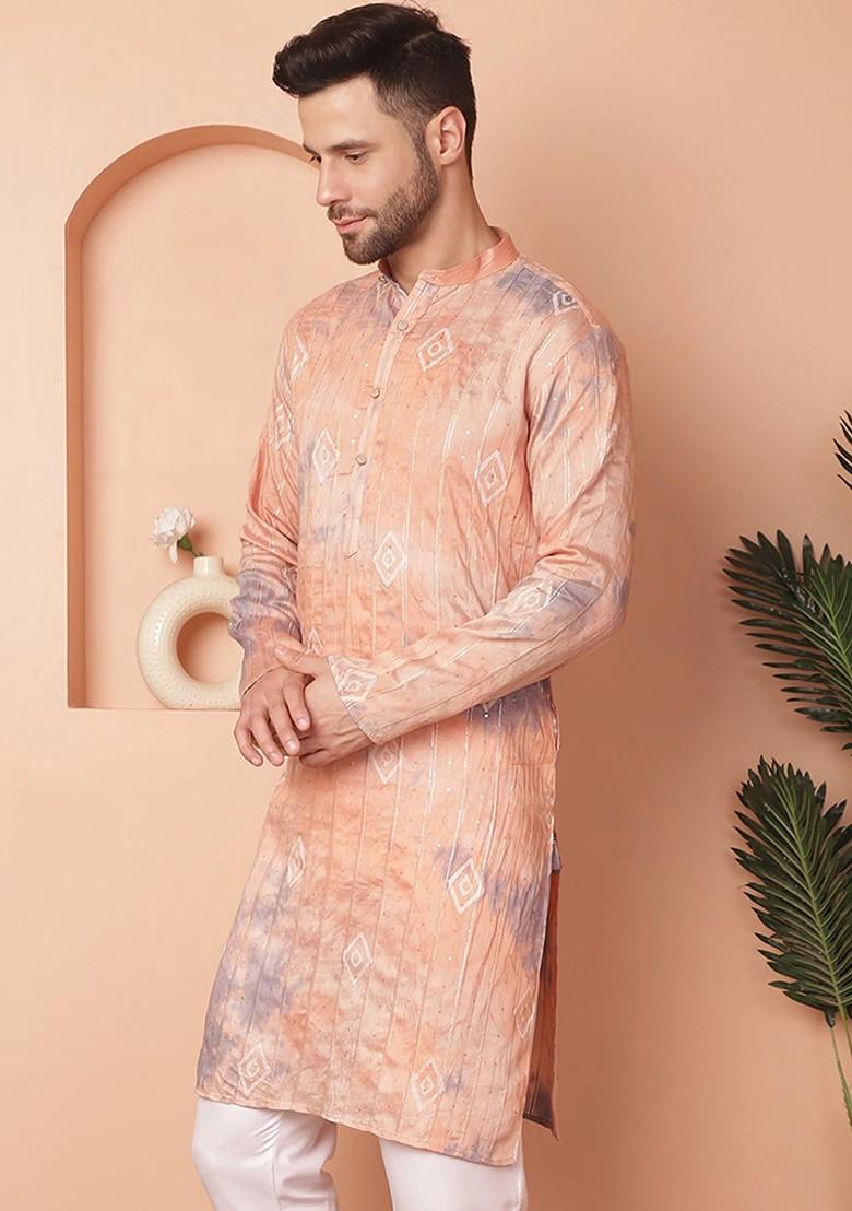 Peach Printed Poly Blend Kurta For Men