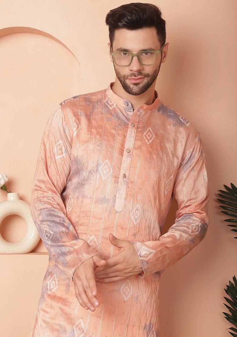 Peach Printed Poly Blend Kurta For Men