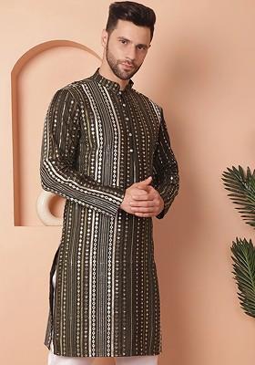Green Embroidered Poly Blend Kurta For Men