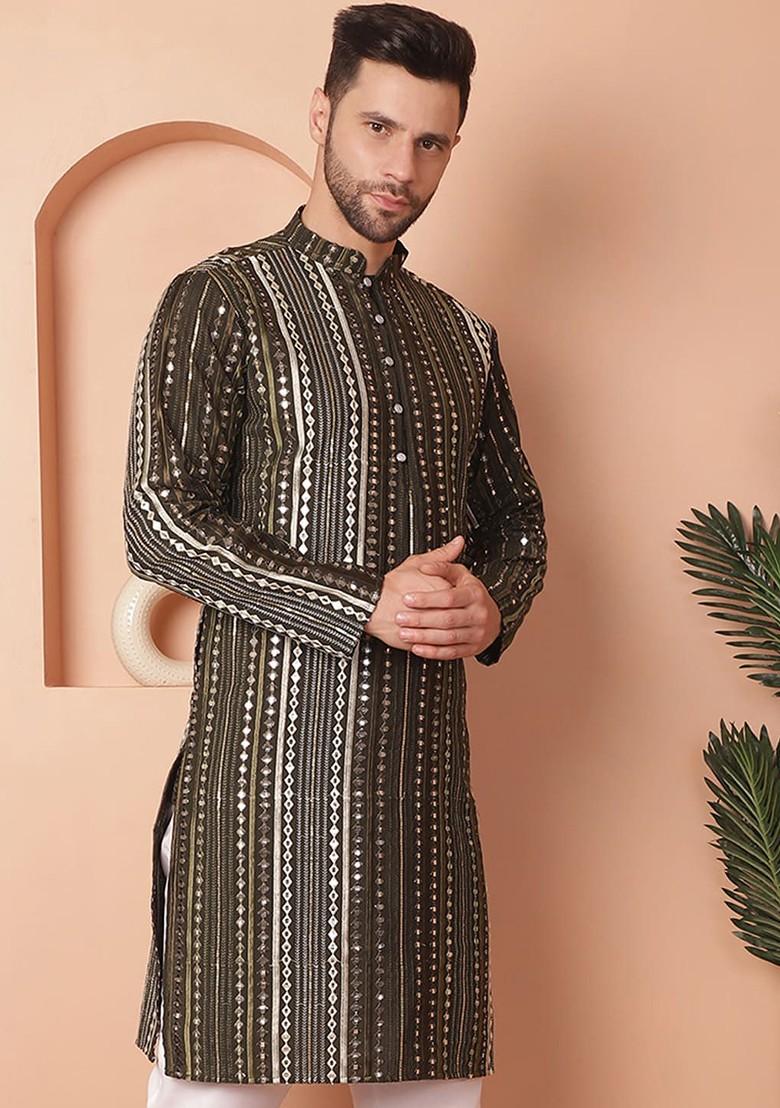 Green Embroidered Poly Blend Kurta For Men