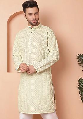 Green Embroidered Poly Blend Kurta For Men