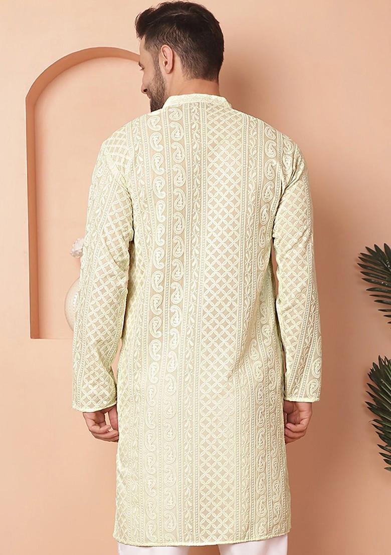 Green Embroidered Poly Blend Kurta For Men