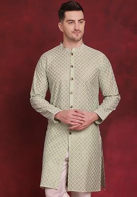 Green Embroidered Poly Blend Kurta For Men