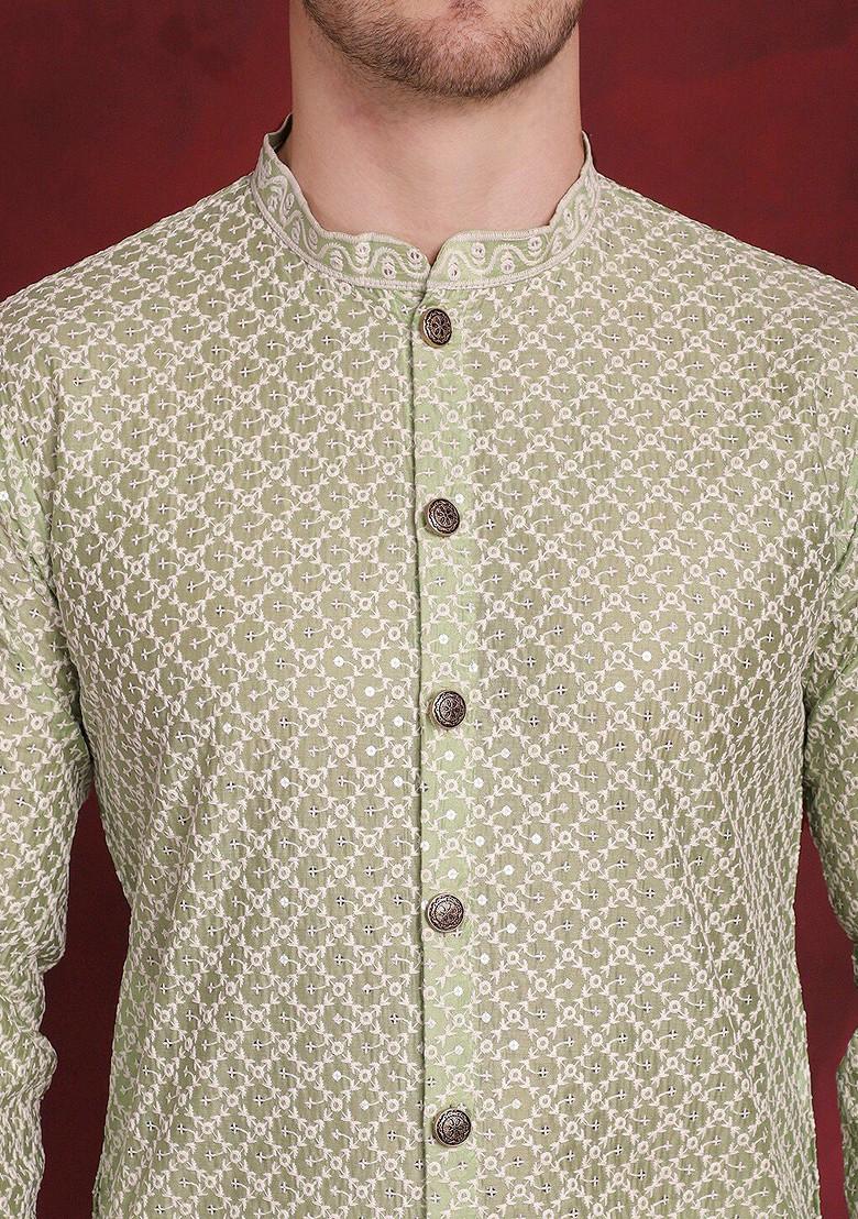 Green Embroidered Poly Blend Kurta For Men