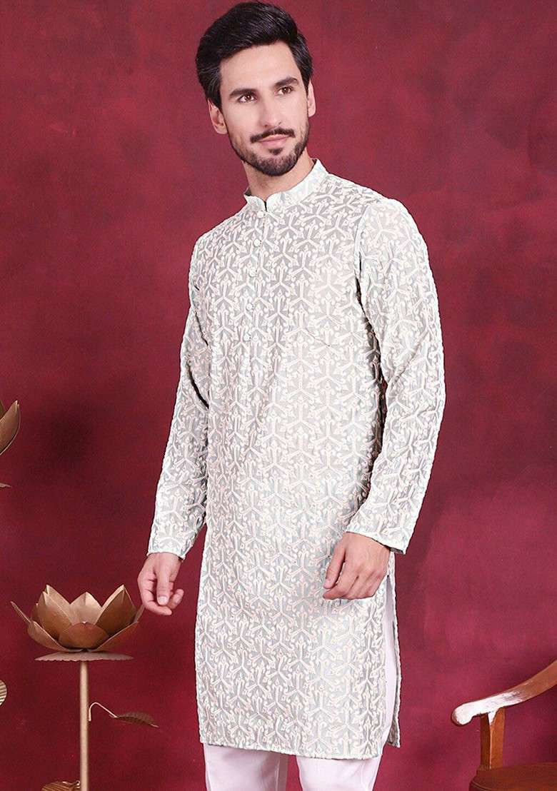 Grey Embroidered Poly Blend Kurta For Men - Indya