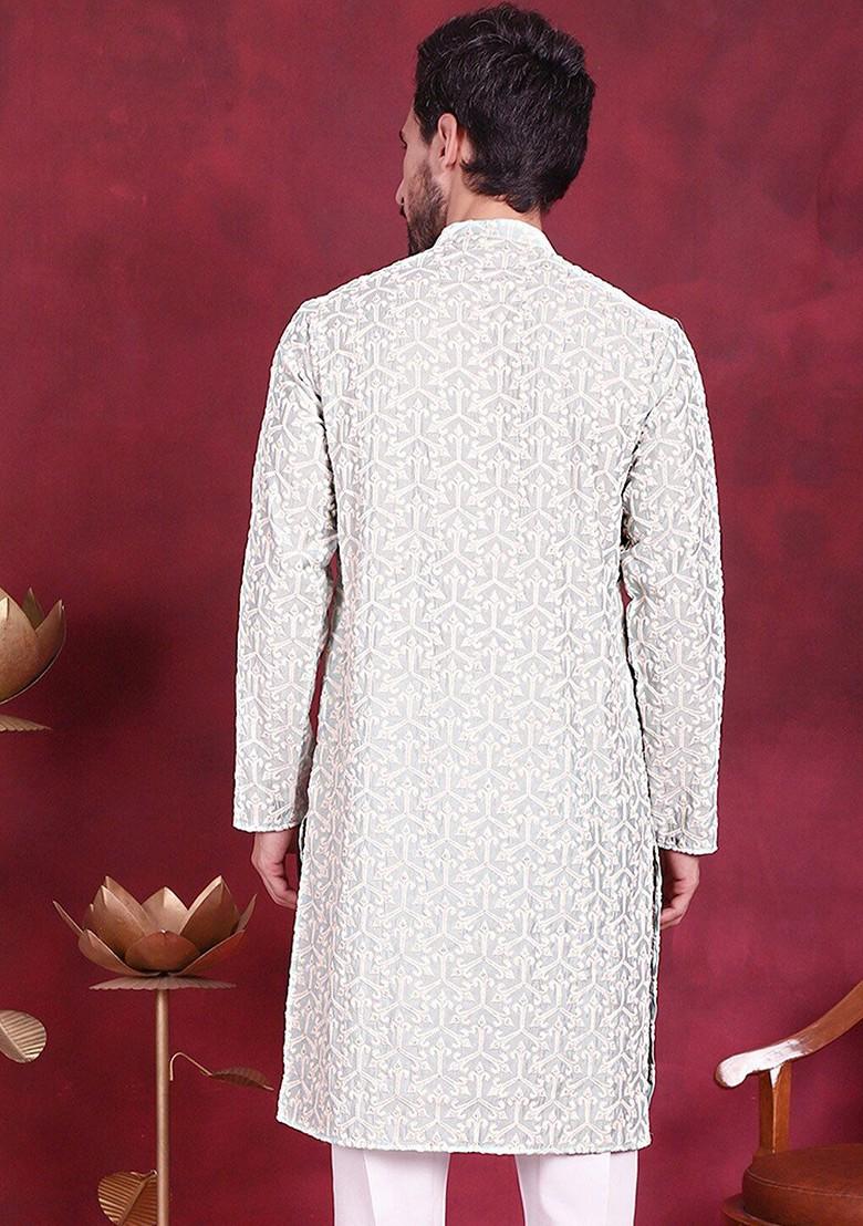 Grey Embroidered Poly Blend Kurta For Men
