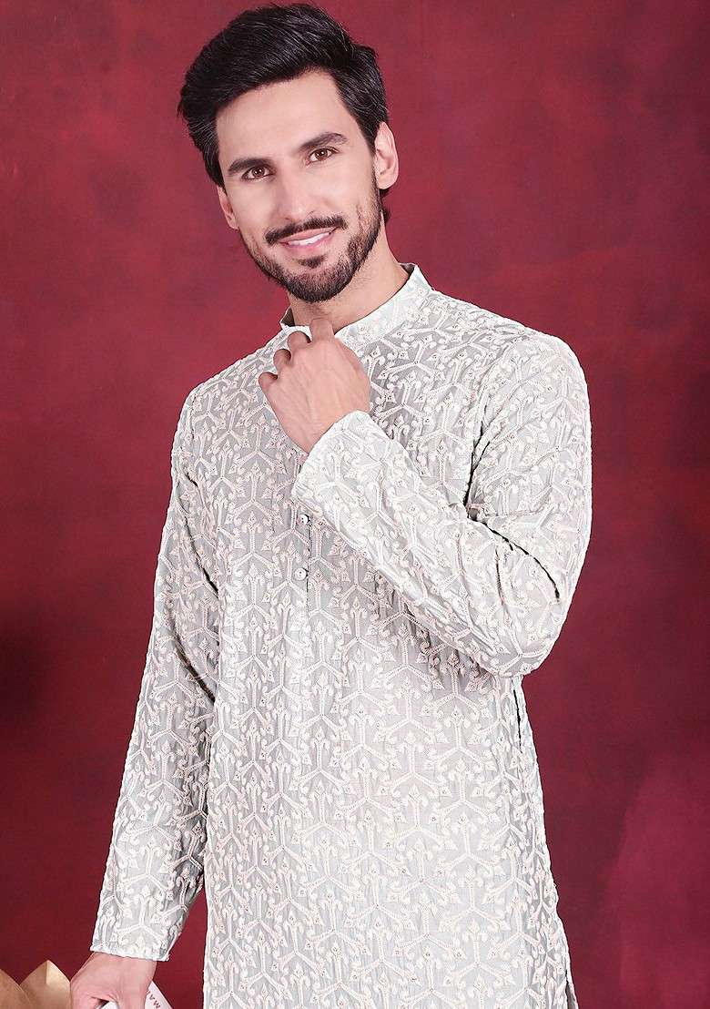 Grey Embroidered Poly Blend Kurta For Men - Indya