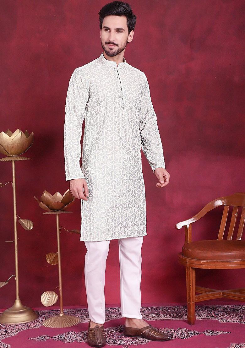 Grey Embroidered Poly Blend Kurta For Men