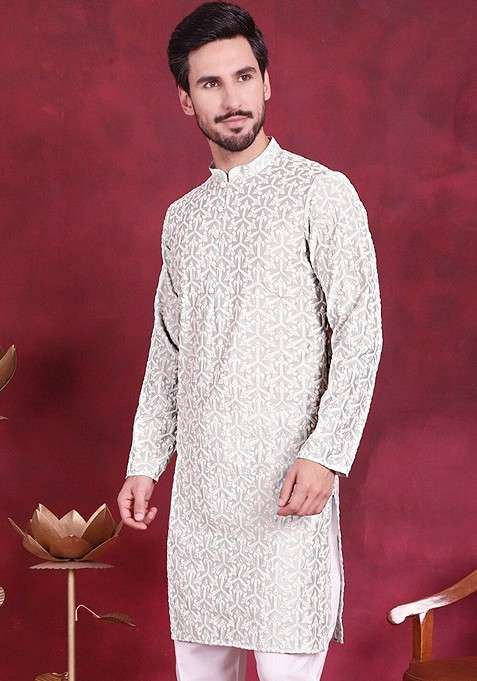 Grey Embroidered Poly Blend Kurta For Men