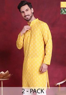 Yellow Printed Poly Blend Kurta For Men
