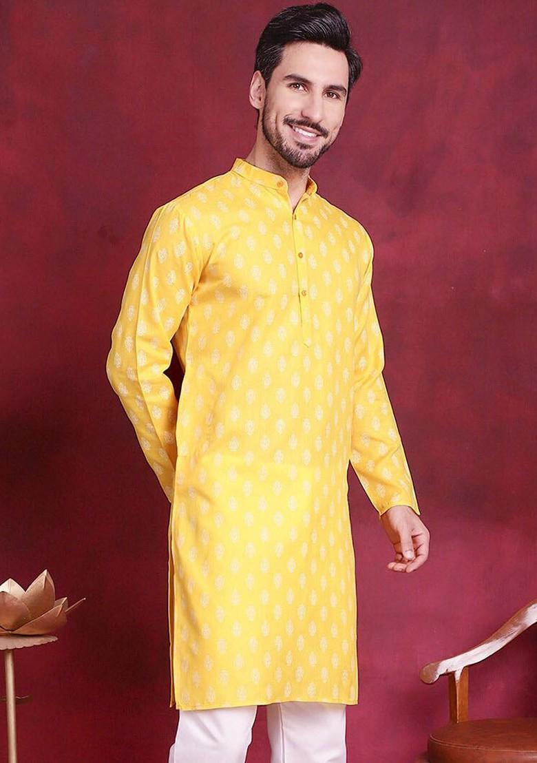Yellow Printed Poly Blend Kurta For Men