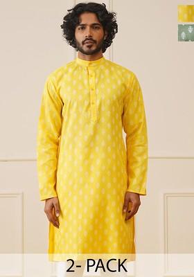 Yellow Printed Poly Blend Kurta For Men