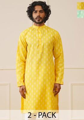 Yellow Printed Poly Blend Kurta For Men