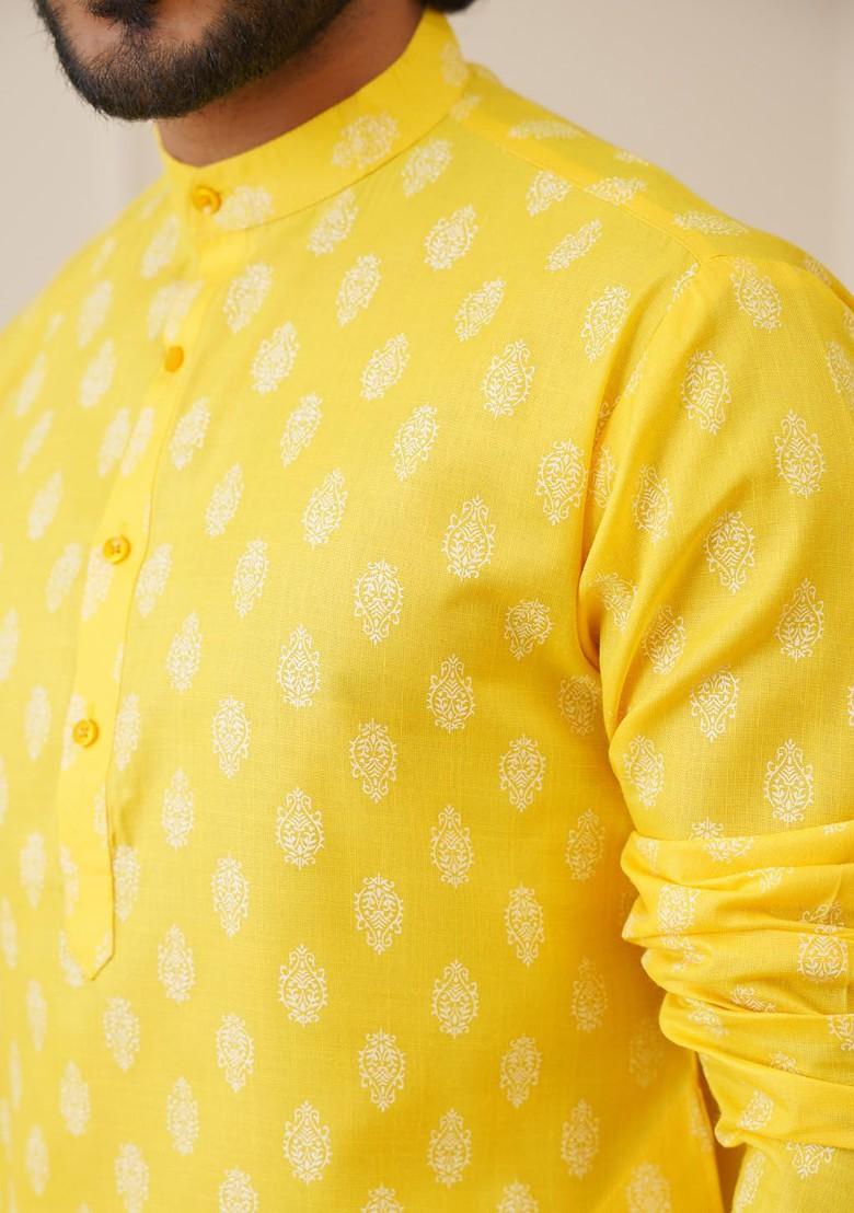 Yellow Printed Poly Blend Kurta For Men