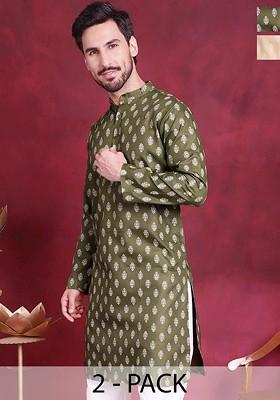 Green Printed Poly Blend Kurta For Men