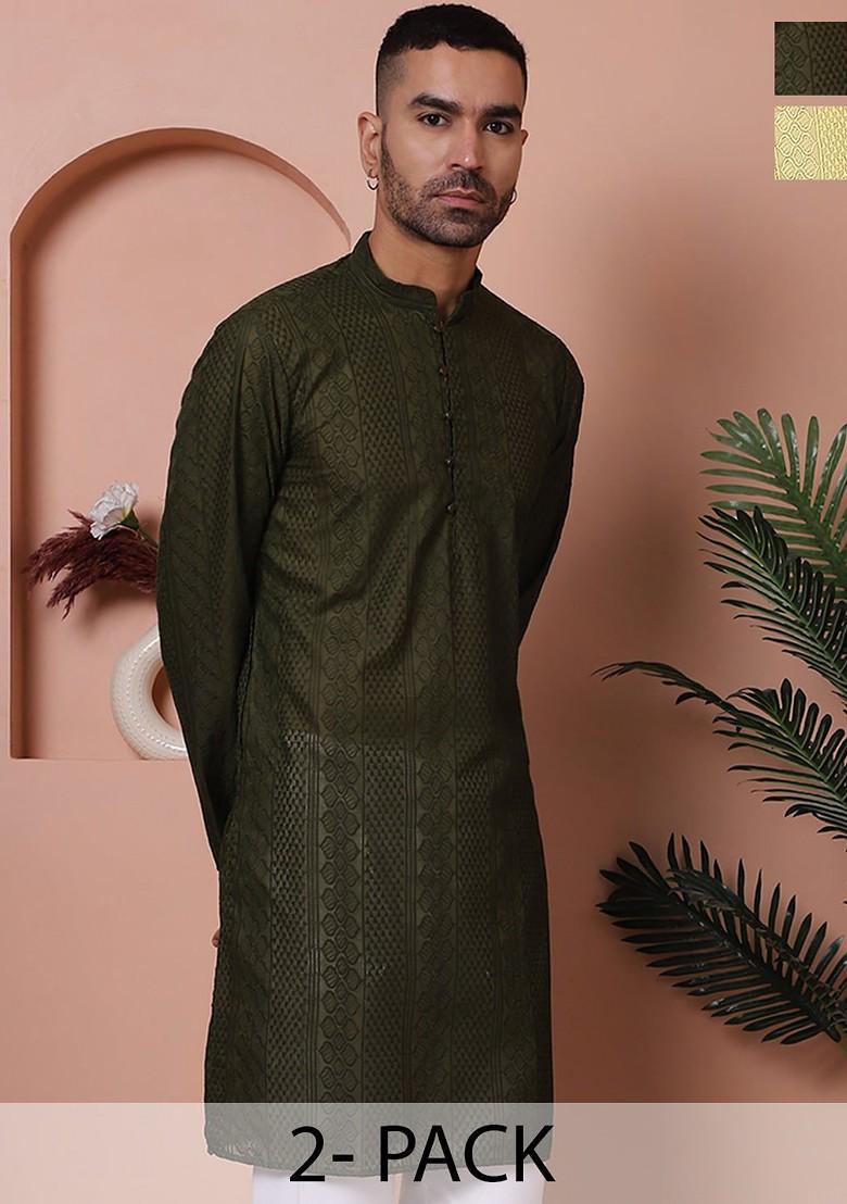 Olive Woven Design Poly Blend Kurta For Men