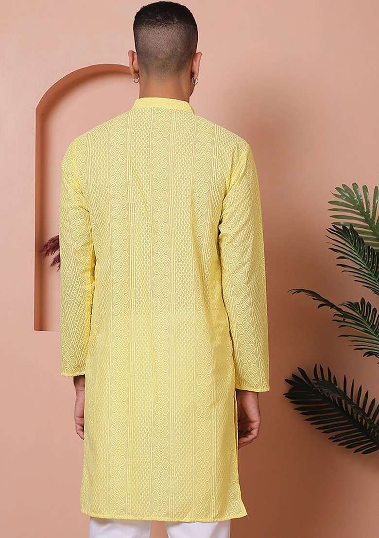 Olive Woven Design Poly Blend Kurta For Men - Indya