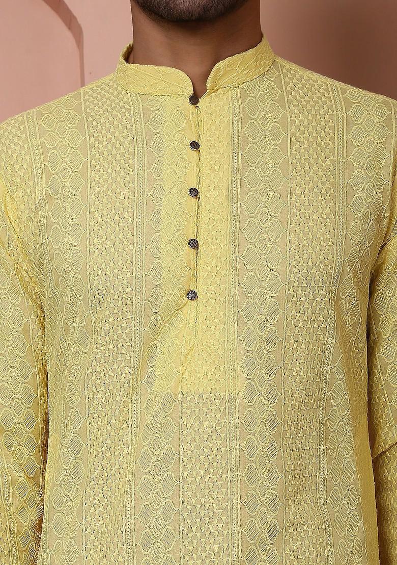 Olive Woven Design Poly Blend Kurta For Men
