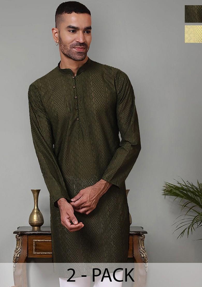 Olive Embroidered Poly Blend Kurta For Men
