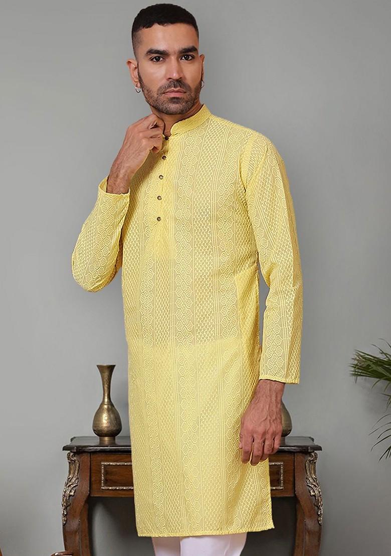 Olive Embroidered Poly Blend Kurta For Men