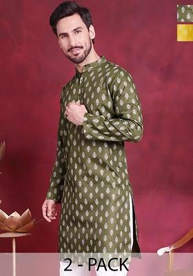 Olive Printed Poly Blend Kurta For Men