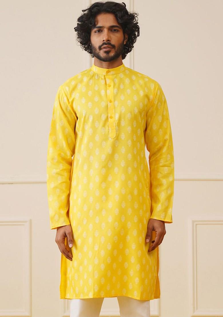 Olive Printed Poly Blend Kurta For Men