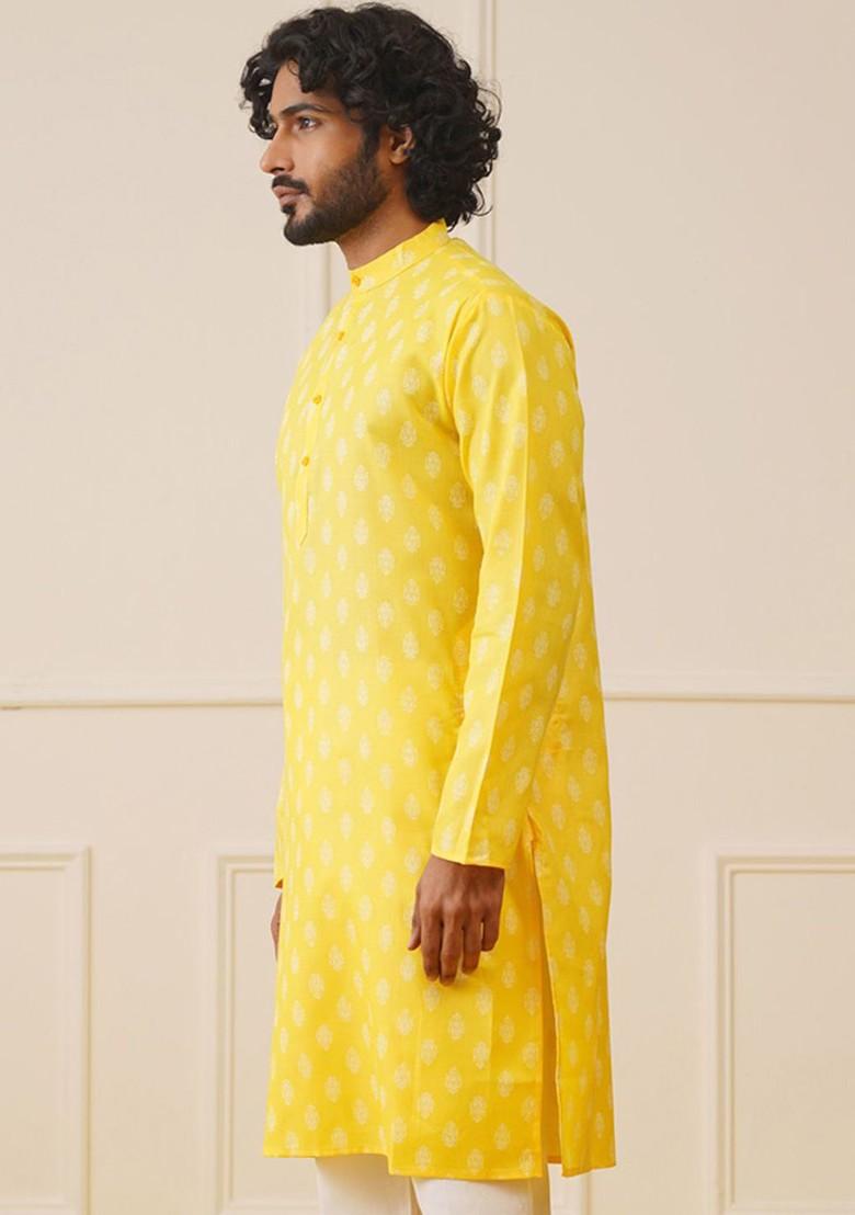 Olive Printed Poly Blend Kurta For Men