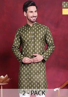Green Printed Poly Blend Kurta For Men