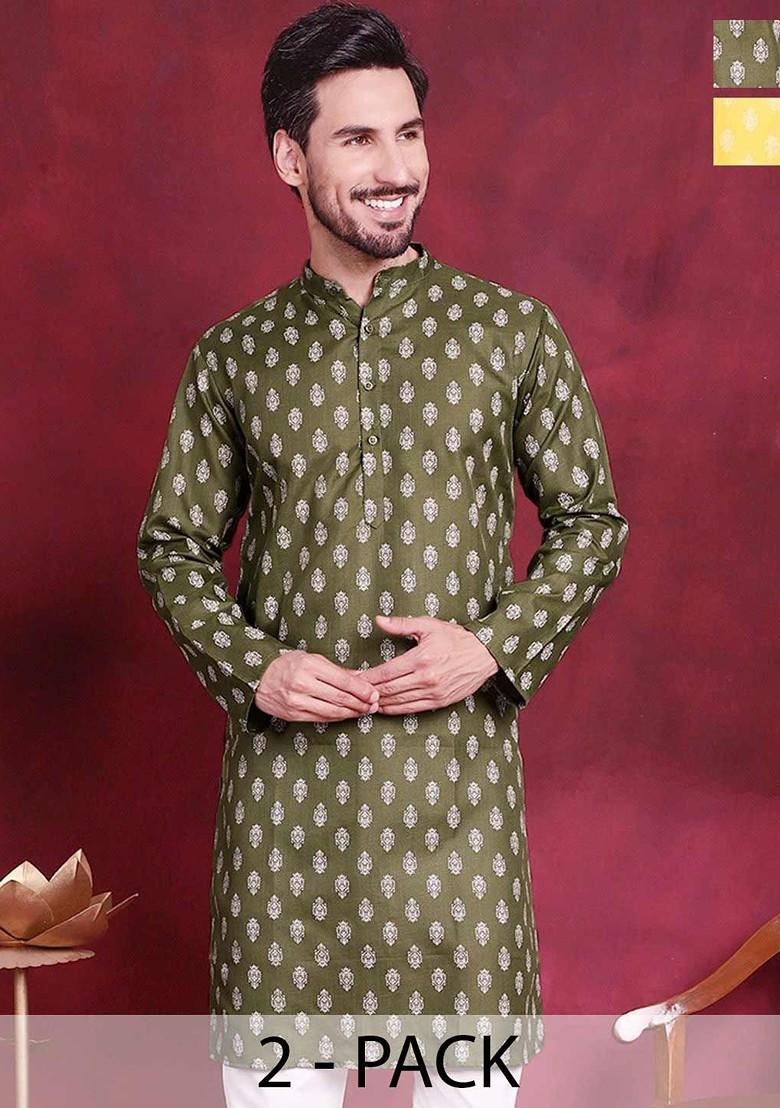Green Printed Poly Blend Kurta For Men
