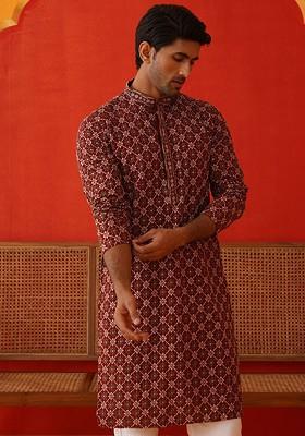 Maroon Embroidered Poly Blend Kurta For Men