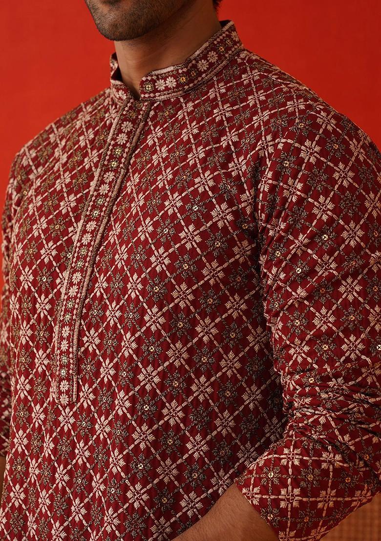 Maroon Embroidered Poly Blend Kurta For Men