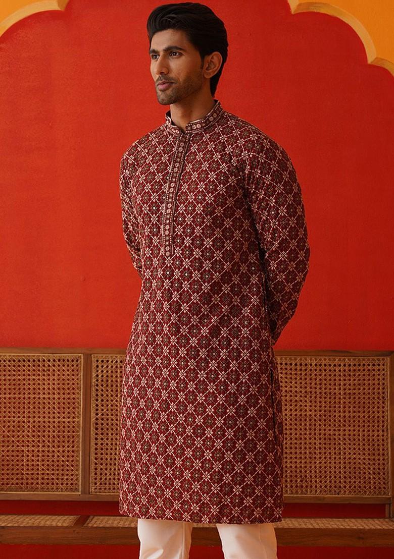 Maroon Embroidered Poly Blend Kurta For Men