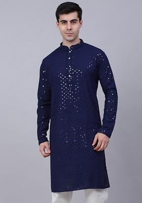 Navy Blue Ethnic Motif Poly Blend Kurta For Men