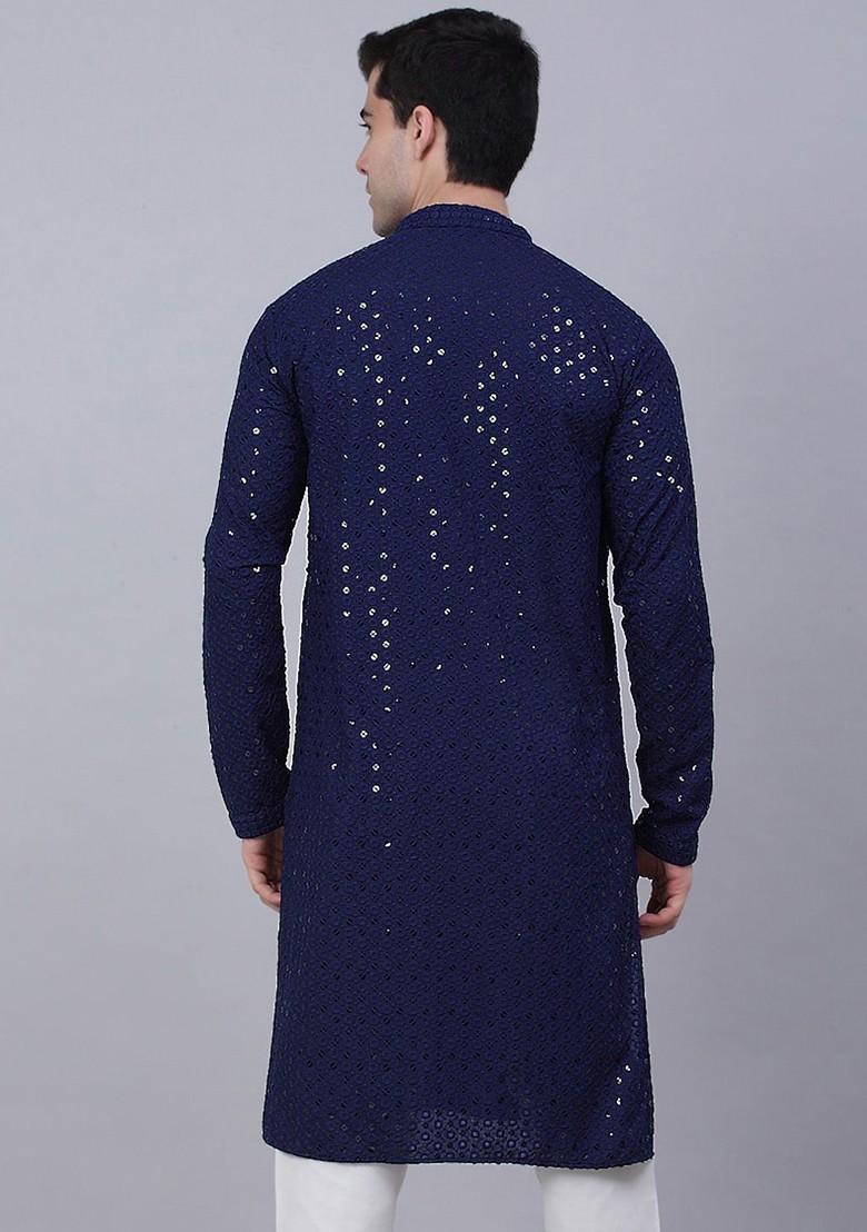 Navy Blue Ethnic Motif Poly Blend Kurta For Men