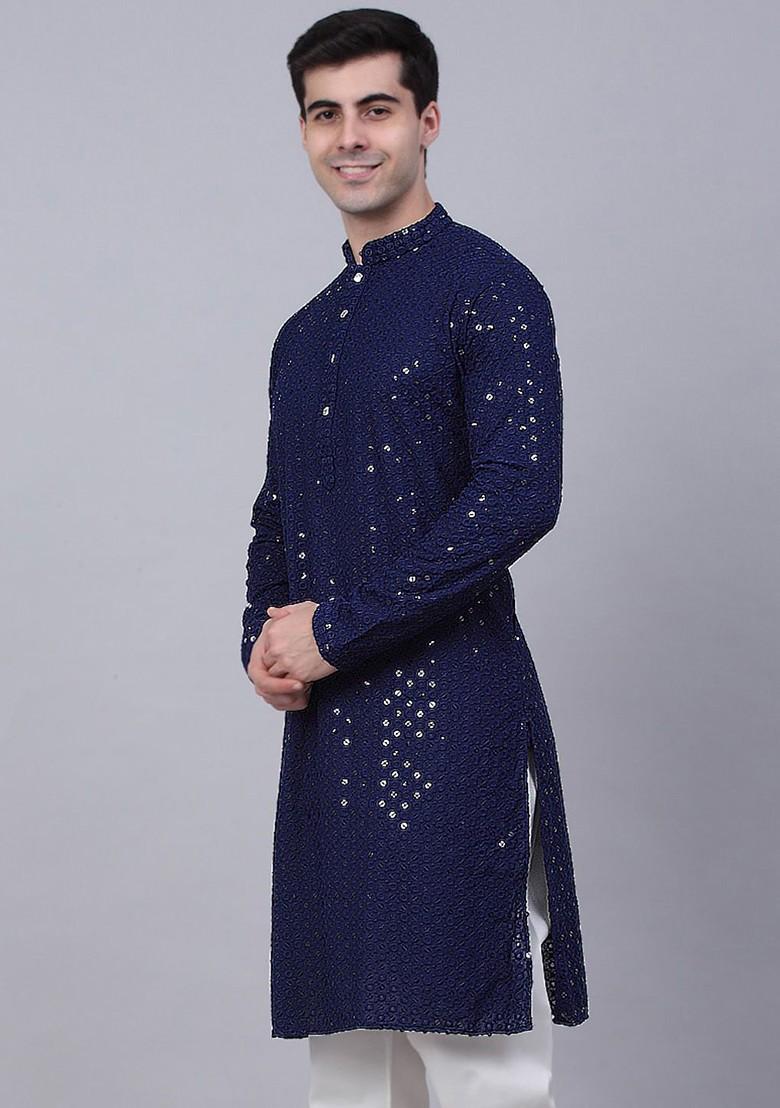 Navy Blue Ethnic Motif Poly Blend Kurta For Men
