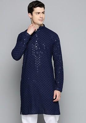 Navy Blue Embroidered Poly Blend Kurta For Men