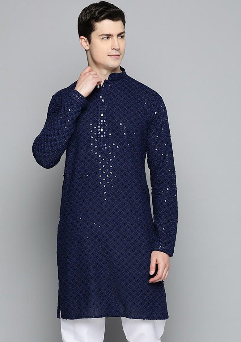 Navy Blue Embroidered Poly Blend Kurta For Men