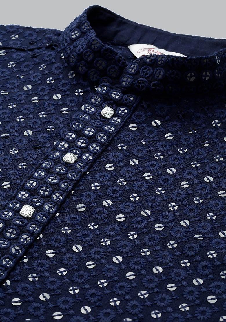 Navy Blue Embroidered Poly Blend Kurta For Men
