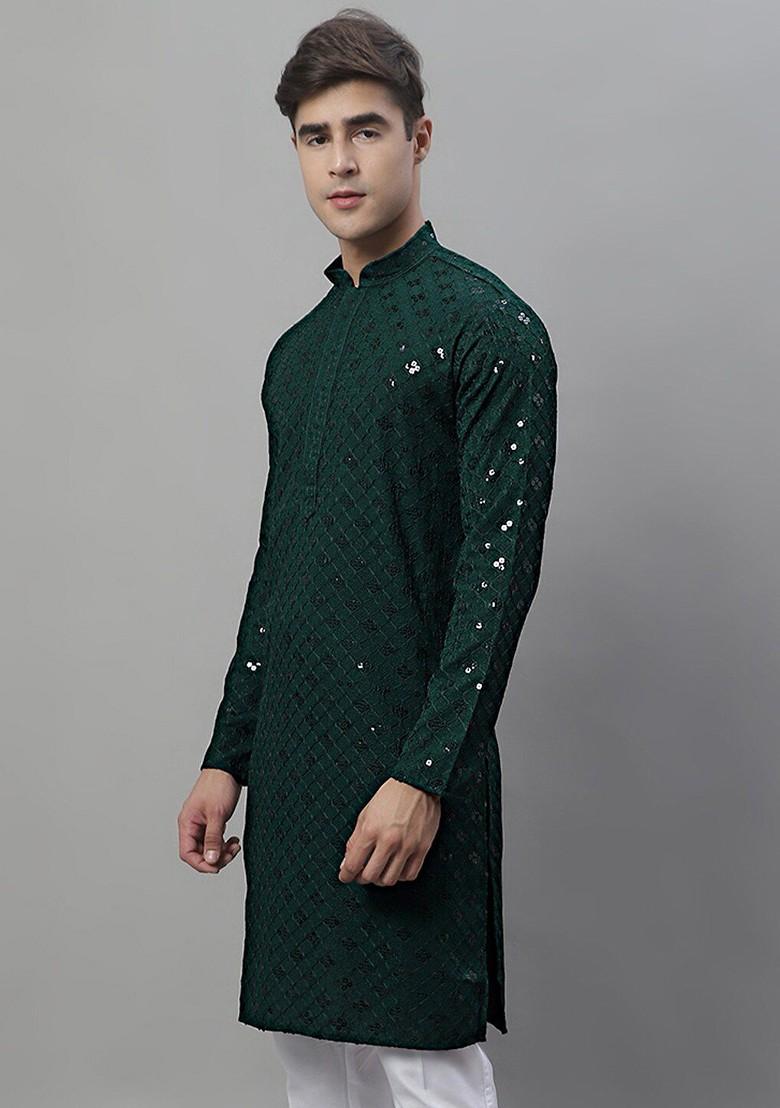 Olive Embroidered Poly Blend Kurta For Men