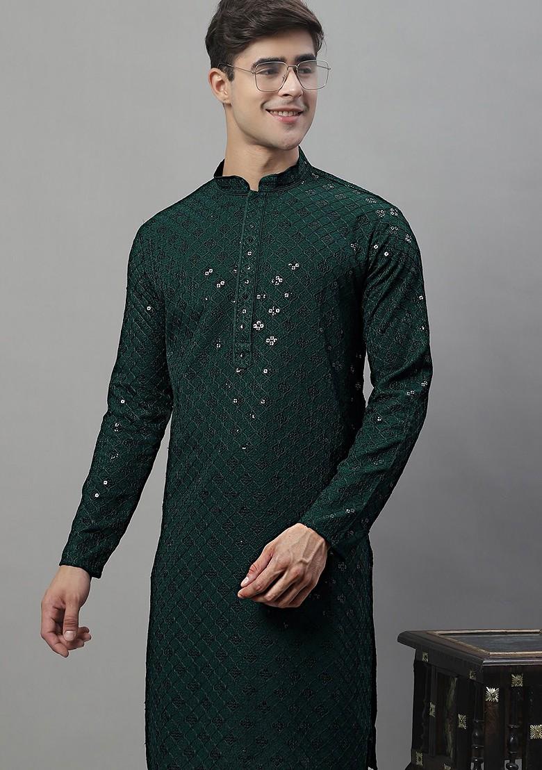 Olive Embroidered Poly Blend Kurta For Men