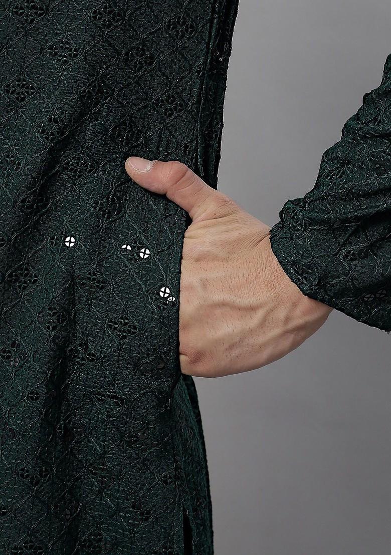 Olive Embroidered Poly Blend Kurta For Men